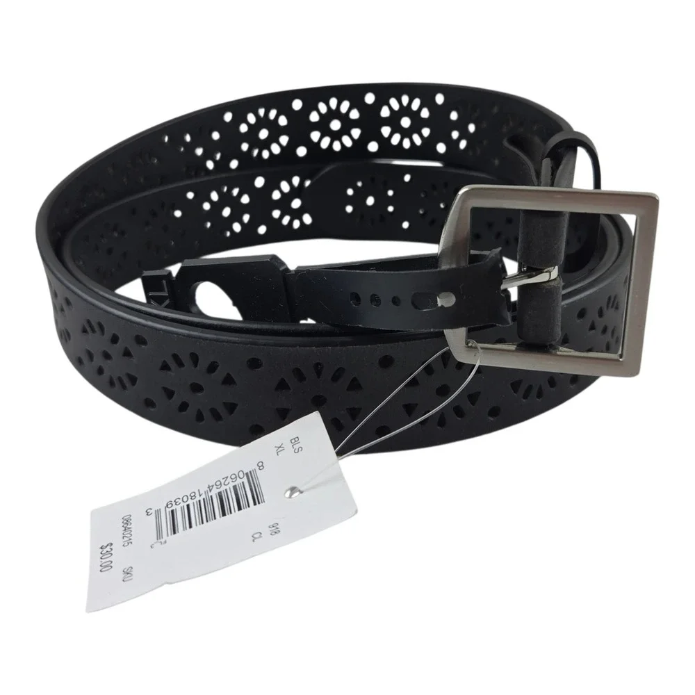 NWT Black Perforated Leather Belt Floral Festival XL Boho Silver Tone Buckle